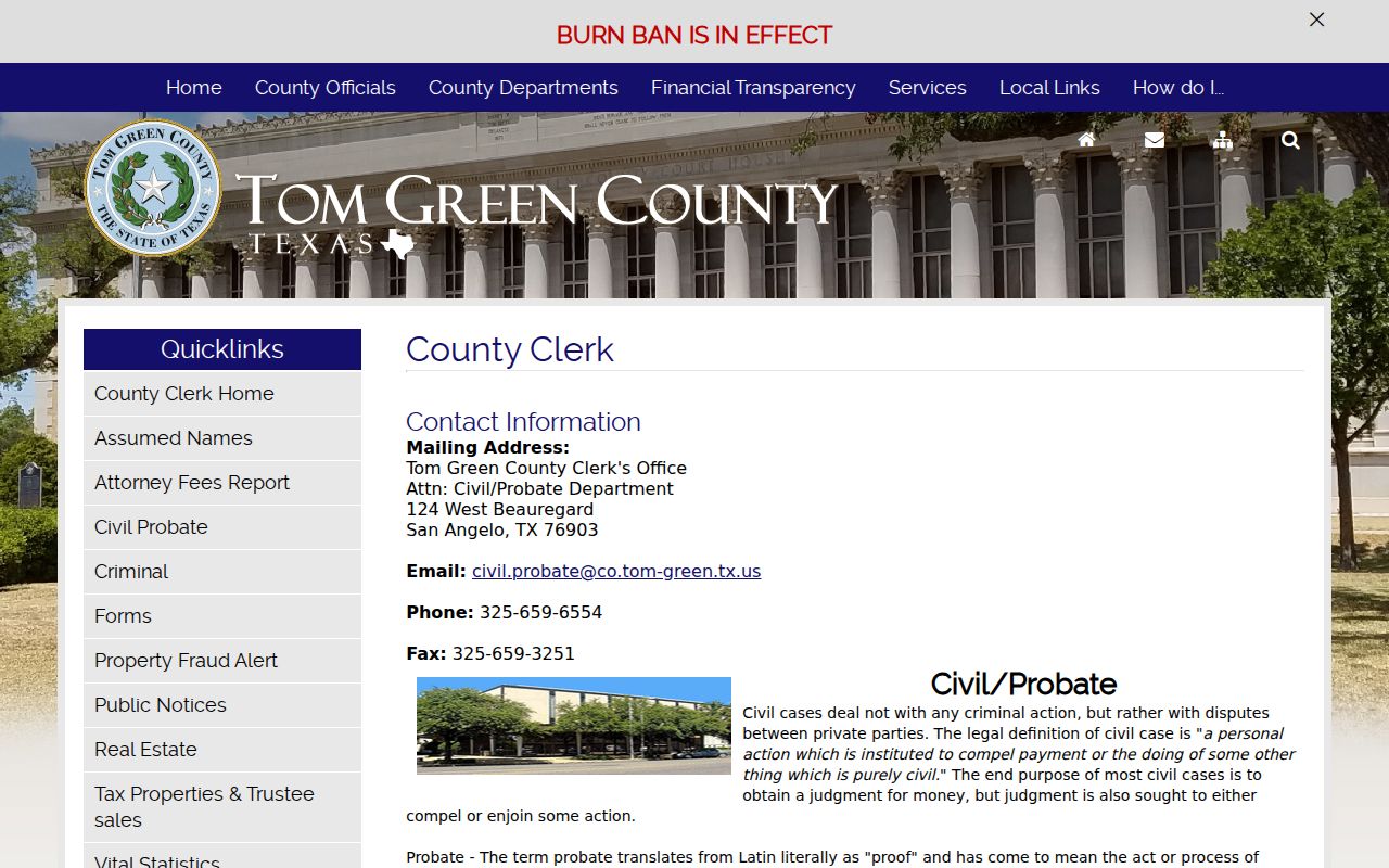 Tom Green County civil court docket and probate clerk contact page