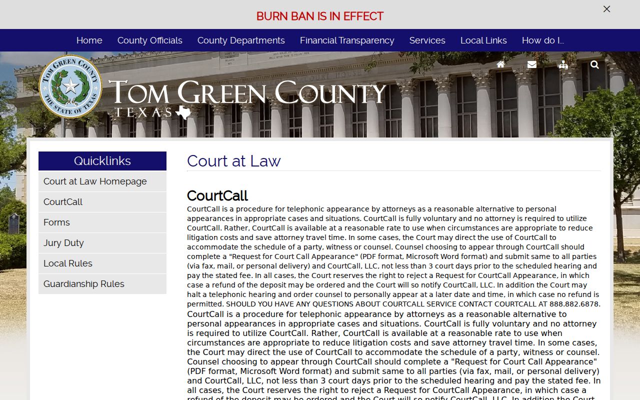 Tom Green County civil court docket CourtCall eligibility information