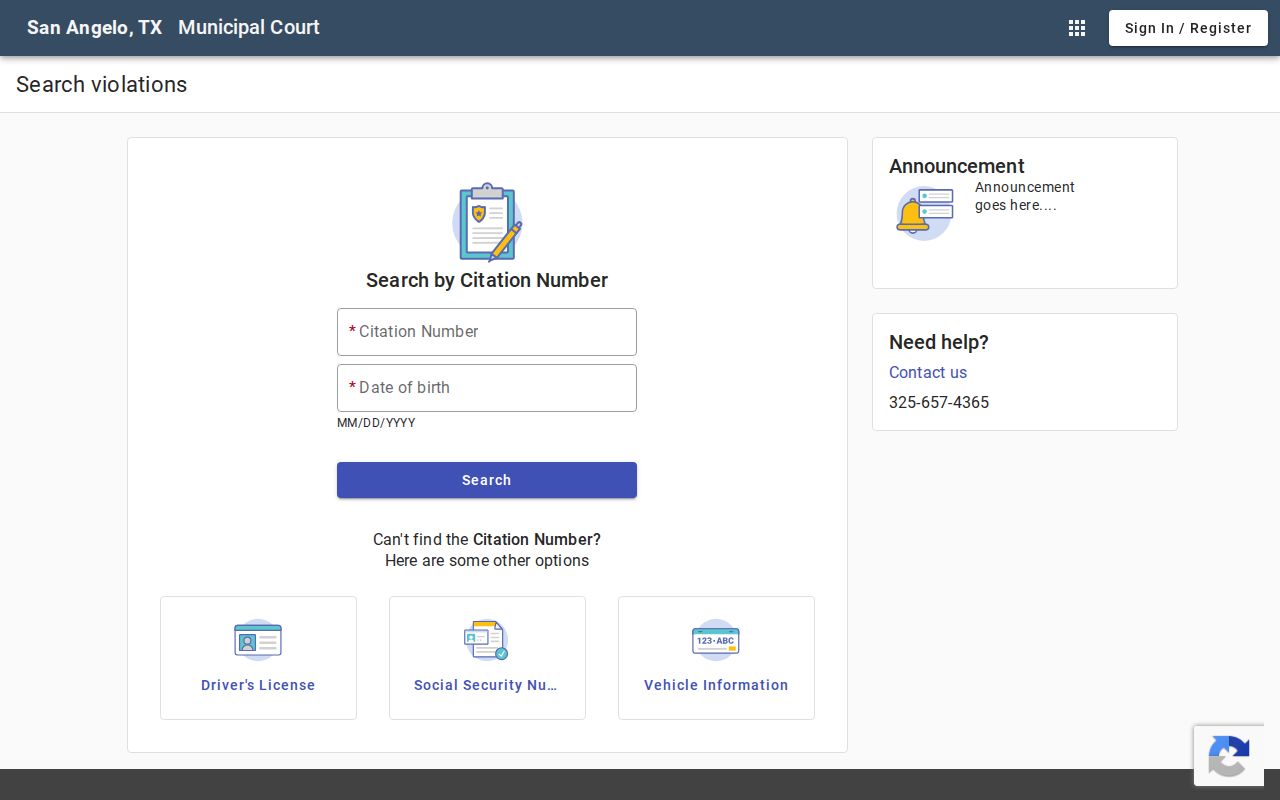 San Angelo court citation search showing six lookup methods